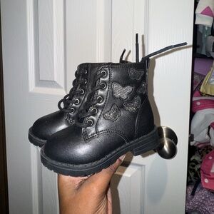 Black Lace-Up Boots with Butterfly Accents